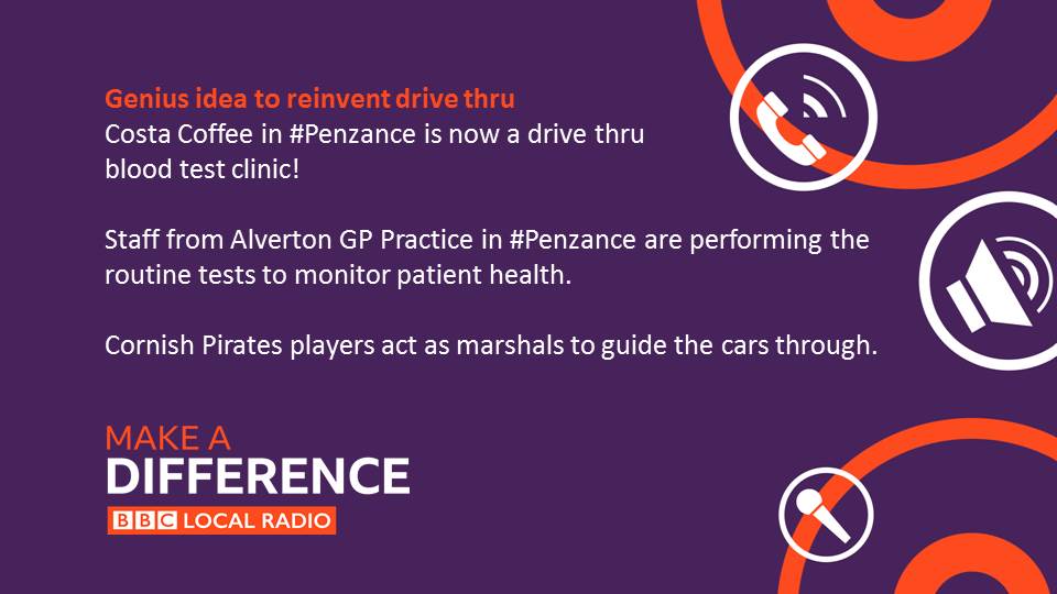 Who knew this could happen at a drive thru! Dr Matthew Boulter and is team at Alverton GP Practice in  #Penzance have taken crucial care out on to the road #BBCMakeADifference Check out their story https://bbc.in/2JQC0ge 