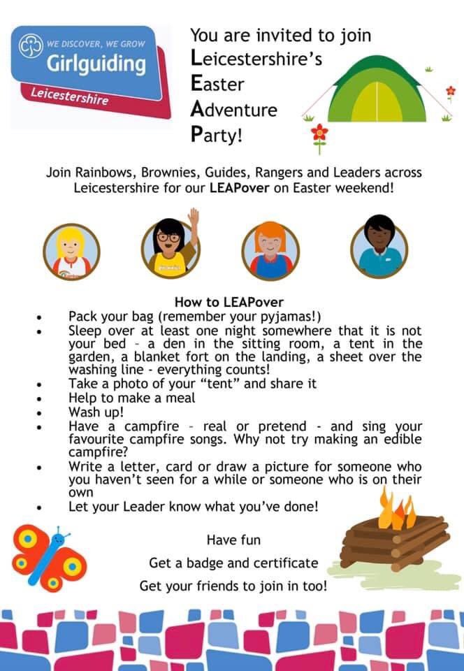 Don’t forget to sign up for our LEAPover! You could camp in your garden under the stars, in a den in the living room or a cardboard box castle! All the information to sign up &amp; order your badge is over on our website> bit.ly/3ecQbu0