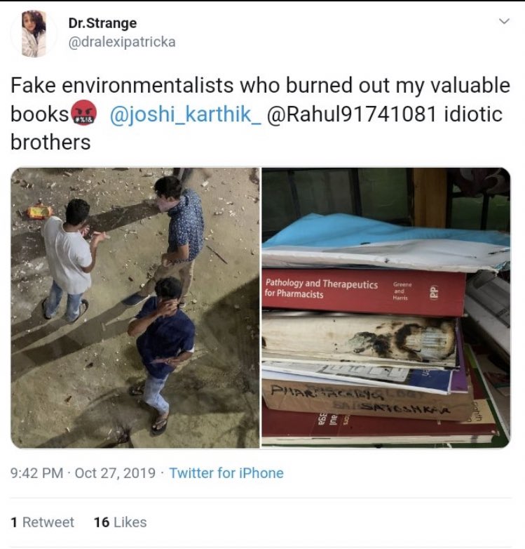 Somebody burned her books. Bad people. But her books are Pharmacology,Pathology and Therauptics for Pharmacists?, like really bro. What's a surgeon got to do with that book. Clearly not for PGs and MBBS students (6/N)