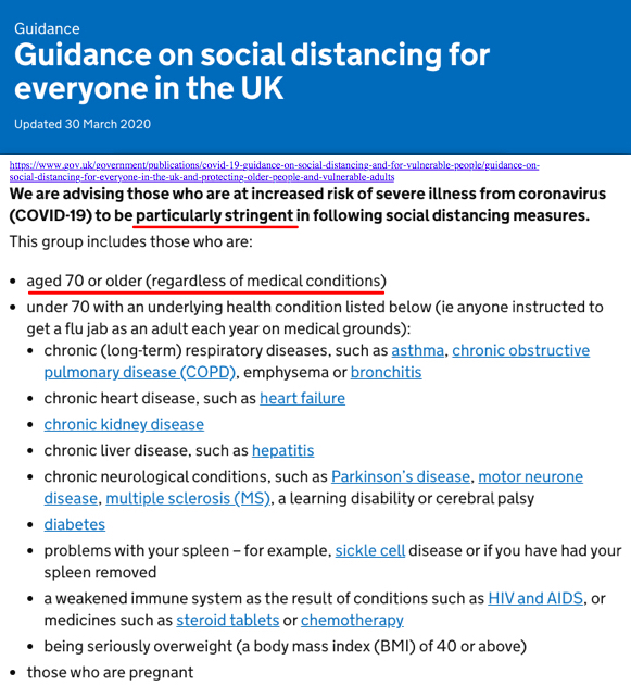 6/18The issues with UkGov guidance:1. For weeks they forgot to follow up guidance to older people2. "Particularly Stringent" is undefined, does it mean washing hands for 10 more seconds? or outside even less than "absolutely necessary (HOW?)"3. Asia/Aus BEST PRACTICE