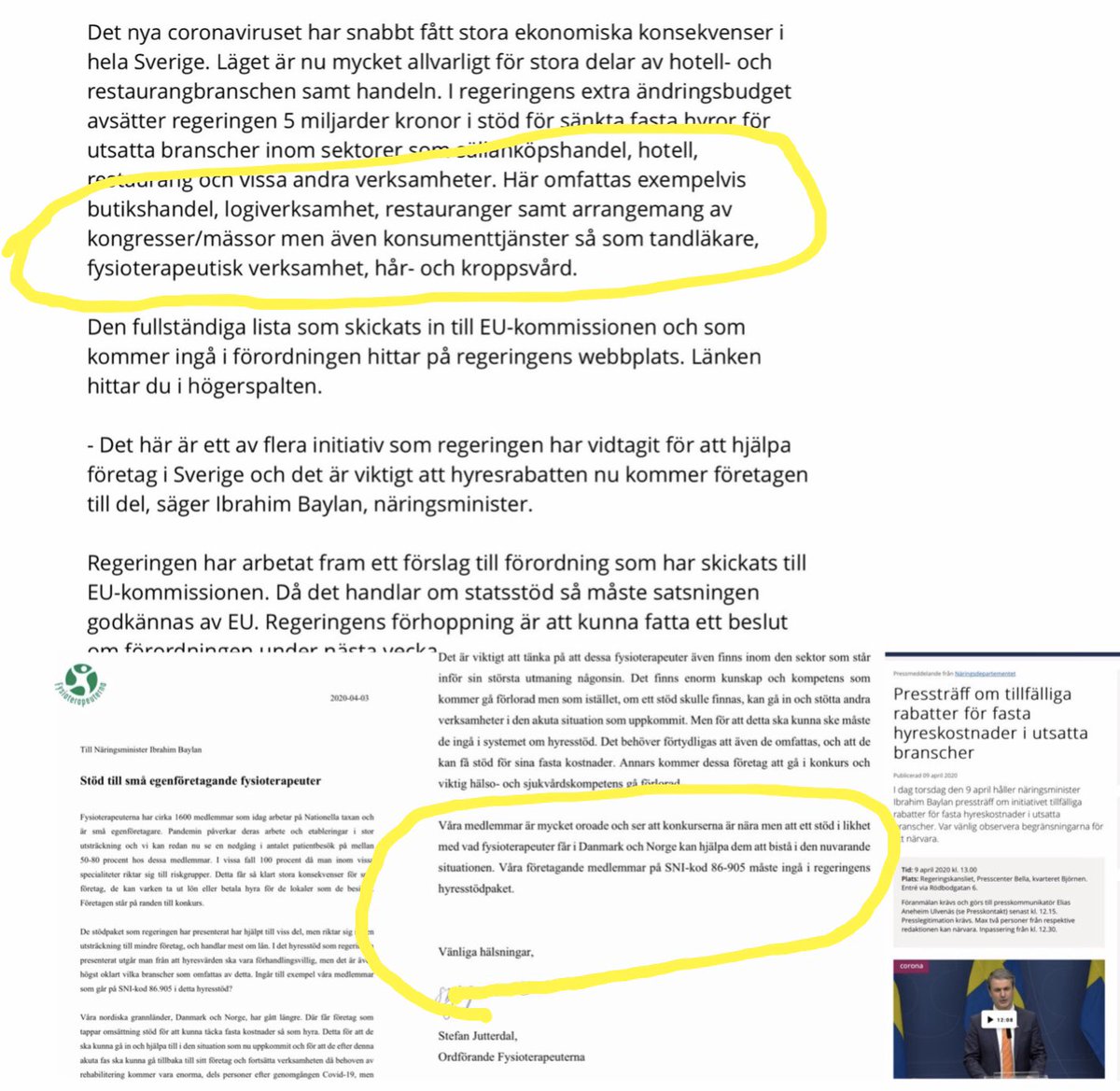 StefanJutterdal's tweet photo. Glädjande att se att förbundets påverkansarbete ger resultat och att regeringen lyssnar. Knappt en vecka från vår skrivelse till näringsminister @IbrahimBaylan_ till att också fysioterapeuter omfattas av regeringens hyresstöd! #Covid19 @fysioswe @Akademikerna https://t.co/7PxSDHMqok