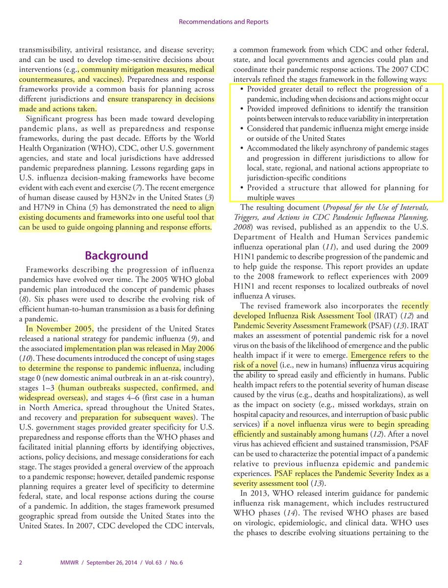 I feel asleep, mid tweetIn 2014 (this is important) the CDC published the following MMWR. Affirming realignment with update WHO vectors and stages. With an emphasis on what kind of steps & proportionality predicated in part of the transmissibility & severity of a “novel virus”