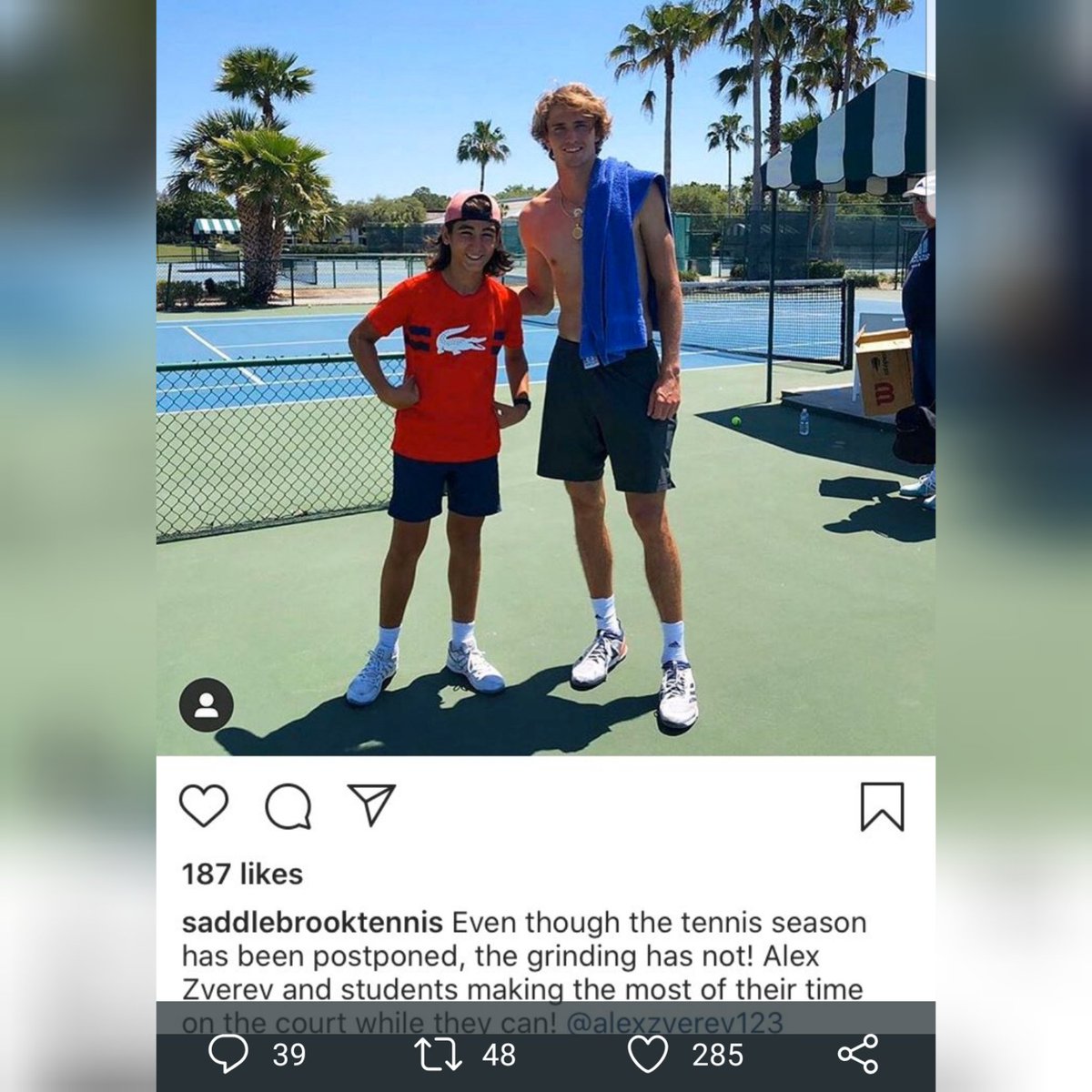 Jannik Schneider on Twitter: "Saddlebrook Tennis Acad. and A. #Zverev got  kind of a shitstorm after the academy in Florida posted this non  socialdistancing photo after practice yesterday In the meantime it