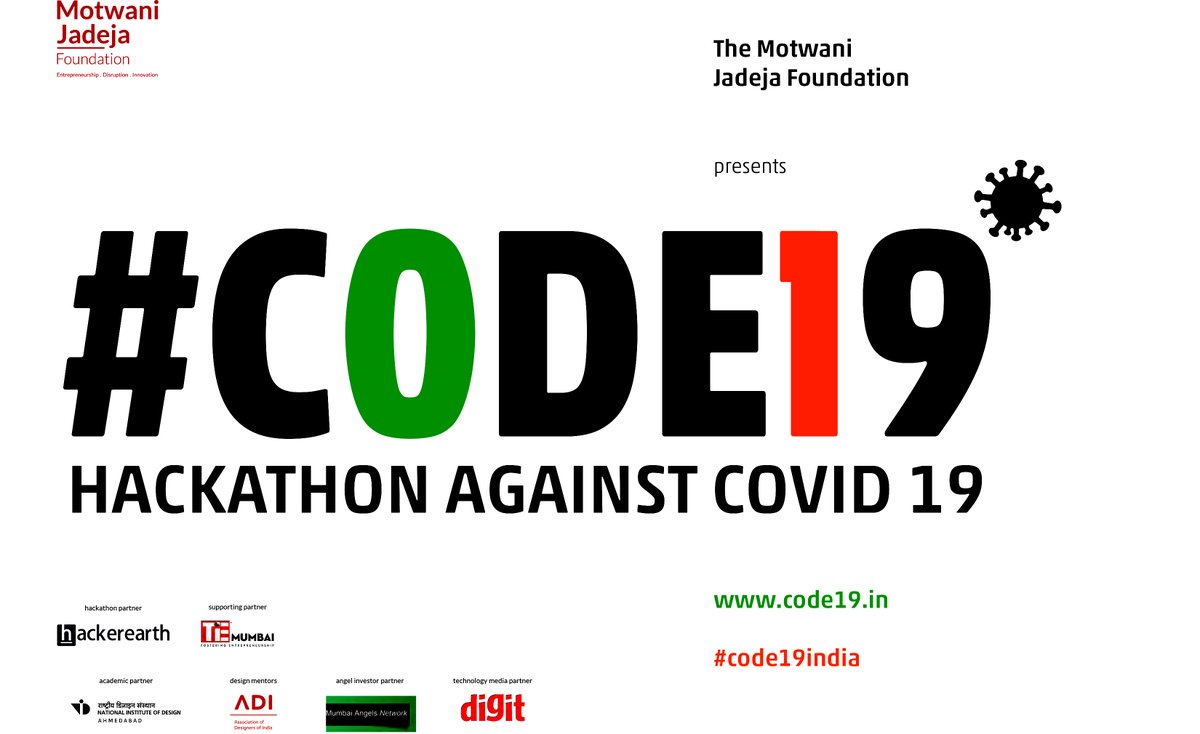 NID_India's tweet photo. NID To Partner 72 Hours Online Hackathon From April 10

A 72 hours online Hackathon is being organized from April 10 to brainstorm on solutions to fight Coronavirus in India. 

More on: https://t.co/UUcKxXMeFh

#CODE19 #Design #India #NID #nationalinstituteofdesign #MODIfied100 https://t.co/WlS0x0h8BA
