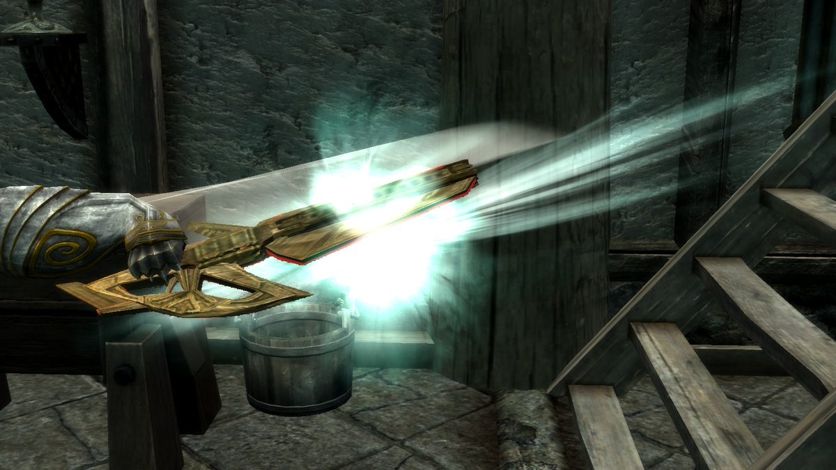 奈落獄のテンペスト ガンブレード スニーキングをすることでサブマシンガンに変形する 内部的には この武器を右手に装備すると スニーク時に杖を召喚するパークが追加される仕組み 普通に剣と杖を用意して お気に入りから持ち変えた方がスムーズだが