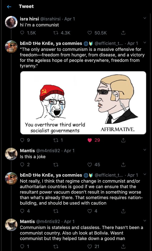 just following this thread, and I am just enamored by this last tweeti see this argument crop up time and time againit's a decades old way of denying that a regime was socialist, while demanding the exact same policies in the present