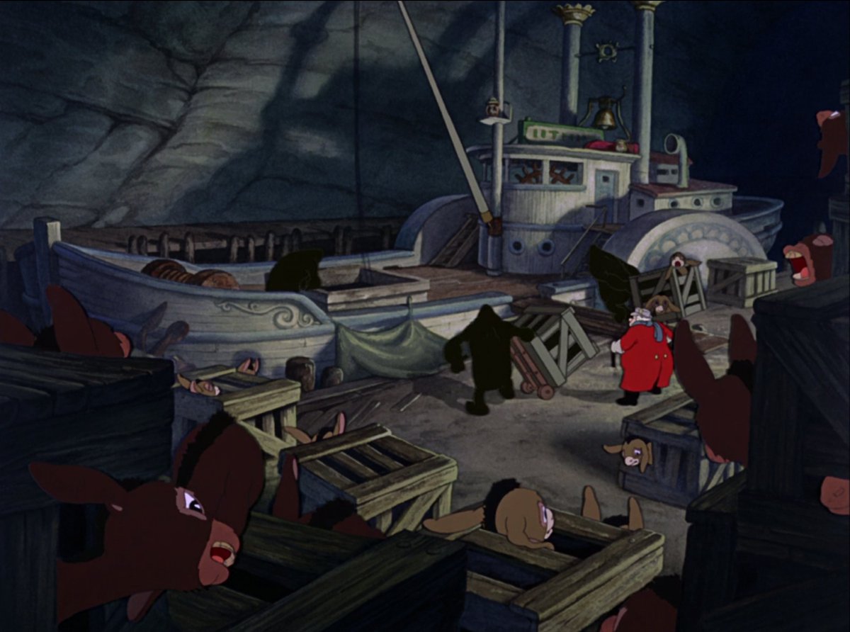 Another lovely (literally pitch black) nuance is Disney's decision to keep the Coachmen's henchmen as shadowy, non-specific silhouettes. Their shape doesn't even seem human, almost void-like. And the Coachmen is fully visible next to them, so it's an eerily conscious choice...