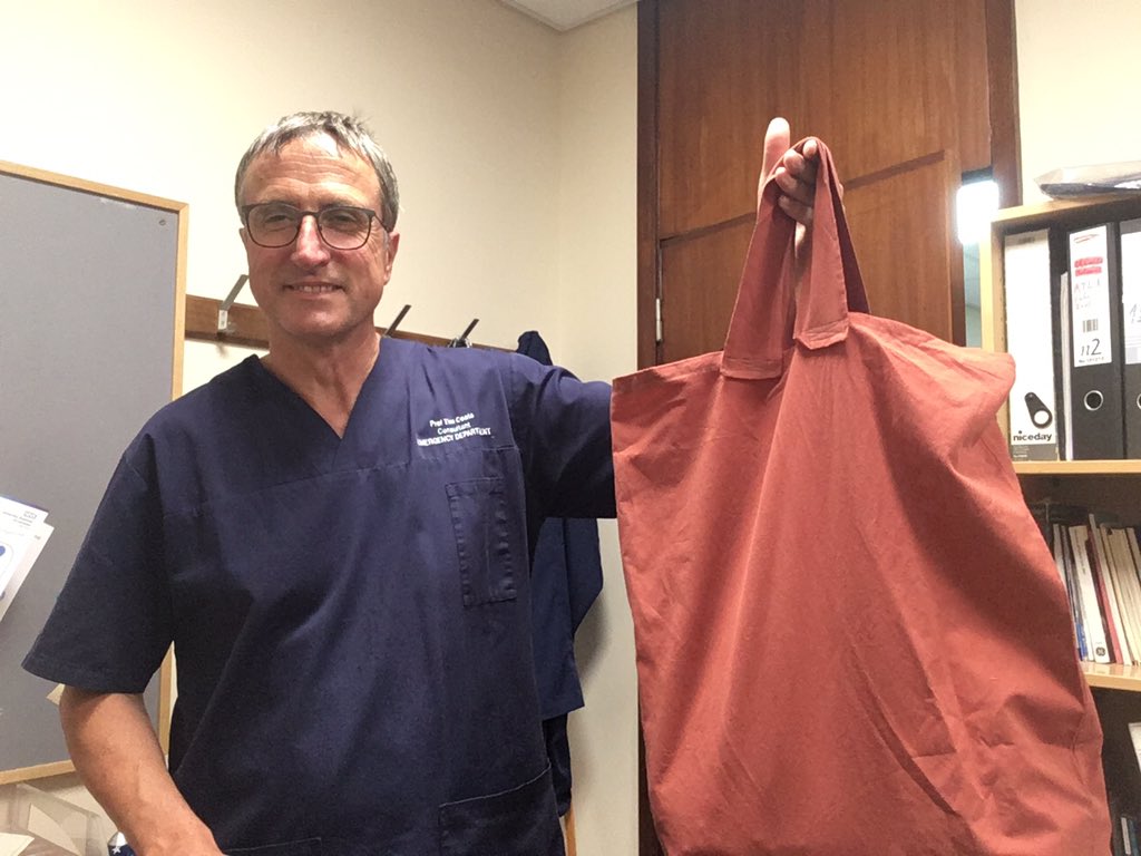 TJCoats's tweet photo. Midnight after a shift - using a bag made by our lovely neighbours from old pillowcases and sheets for ED staff to take scrubs home in. Coordinated by @FfionDavies4  Staff don’t have to touch the scrubs at home. Straight in the washing machine. @Leic_hospital @RCEMpresident #NHS https://t.co/y4ak6NSdJY