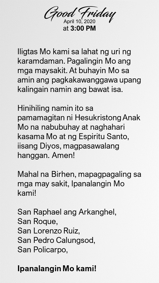 sppowermedia's tweet photo. We encourage everyone to change your profile and cover photos and pray the Oratio Imperata for Covid-2019 today April 10, 2020 at exactly 3:00 PM. Thank you.
#SPLent https://t.co/0e9YrijfVn