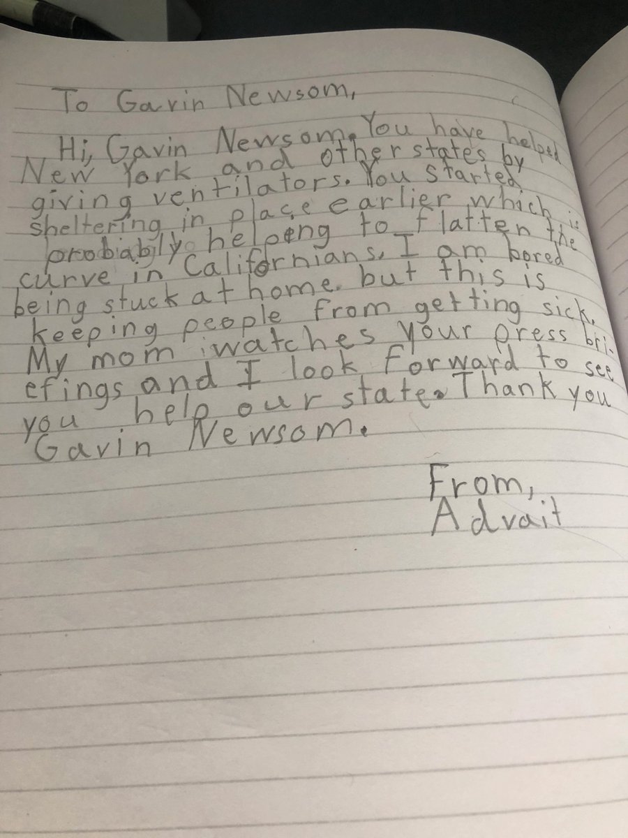 PaddyRy's tweet photo. With the ongoing crisis, we have been having open conversation with my kids frequently and my 8-year old surprised me today with a heartfelt note addressed to @GavinNewsom on his efforts. Watching some of the press briefings has been having a good impact I think :) https://t.co/HFWUzJeiIo