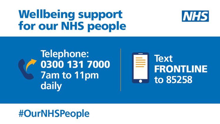 Pls RT. The NHS has launched a mental health hotline to support staff and volunteers as they help people deal with the coronavirus:

📞 0300 131 7000
📱 Text FRONTLINE to 85258 
💻 Visit people.nhs.uk

#COVID19 #TeamNHS