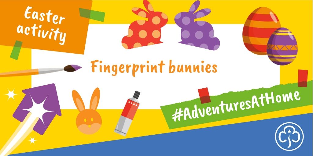 Girlguiding's tweet photo. 🐰 Easter activity: Fingerprint bunnies

Use paint and your fingers to create a bunny head. Then draw its ears, mouth and whiskers. Full instructions ▶️▶️ https://t.co/MiuEryXkrd

🎨 Show us your Easter creations using #AdventuresAtHome! https://t.co/TMaCD6KoIa