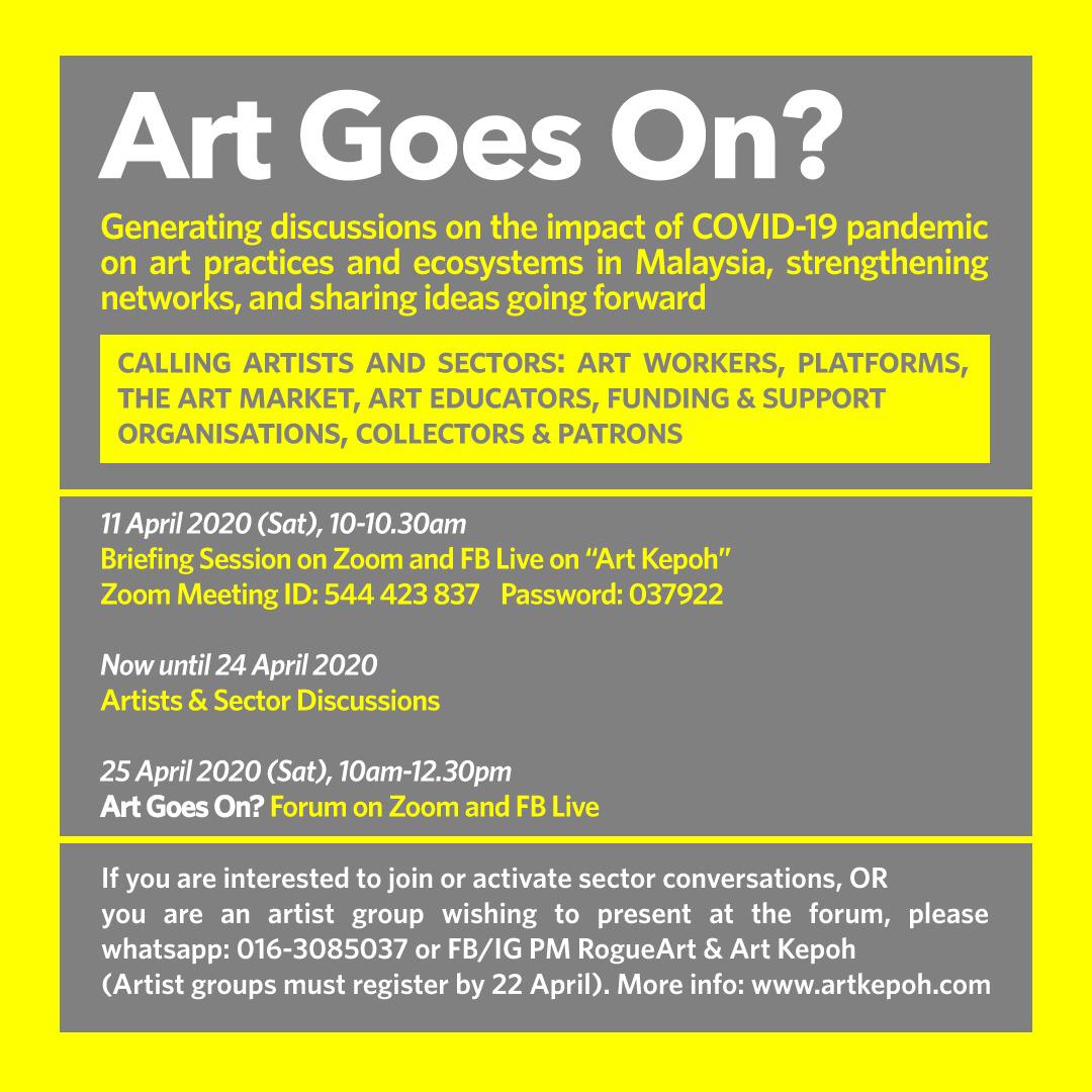ARTOMovement's tweet photo. Calling artists and sectors: Art workers, platforms, the art market, art educatirs, funding &amp; support organizations, collectors &amp; patrons. 

11th April 2020, 10am 
Briefing on Zoom &amp; FB Live on FB "Art Kepoh"

Please join the briefing session tomorrow! 

#ARToTalk #KitaJagaKita https://t.co/uw7NwKn0br