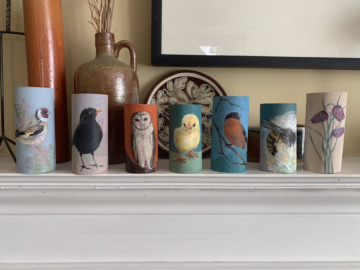 A little mantle shelf gallery of empty toilet rolls. Who knew they came in such different shapes and sizes. More to come when more stock available. #poorart