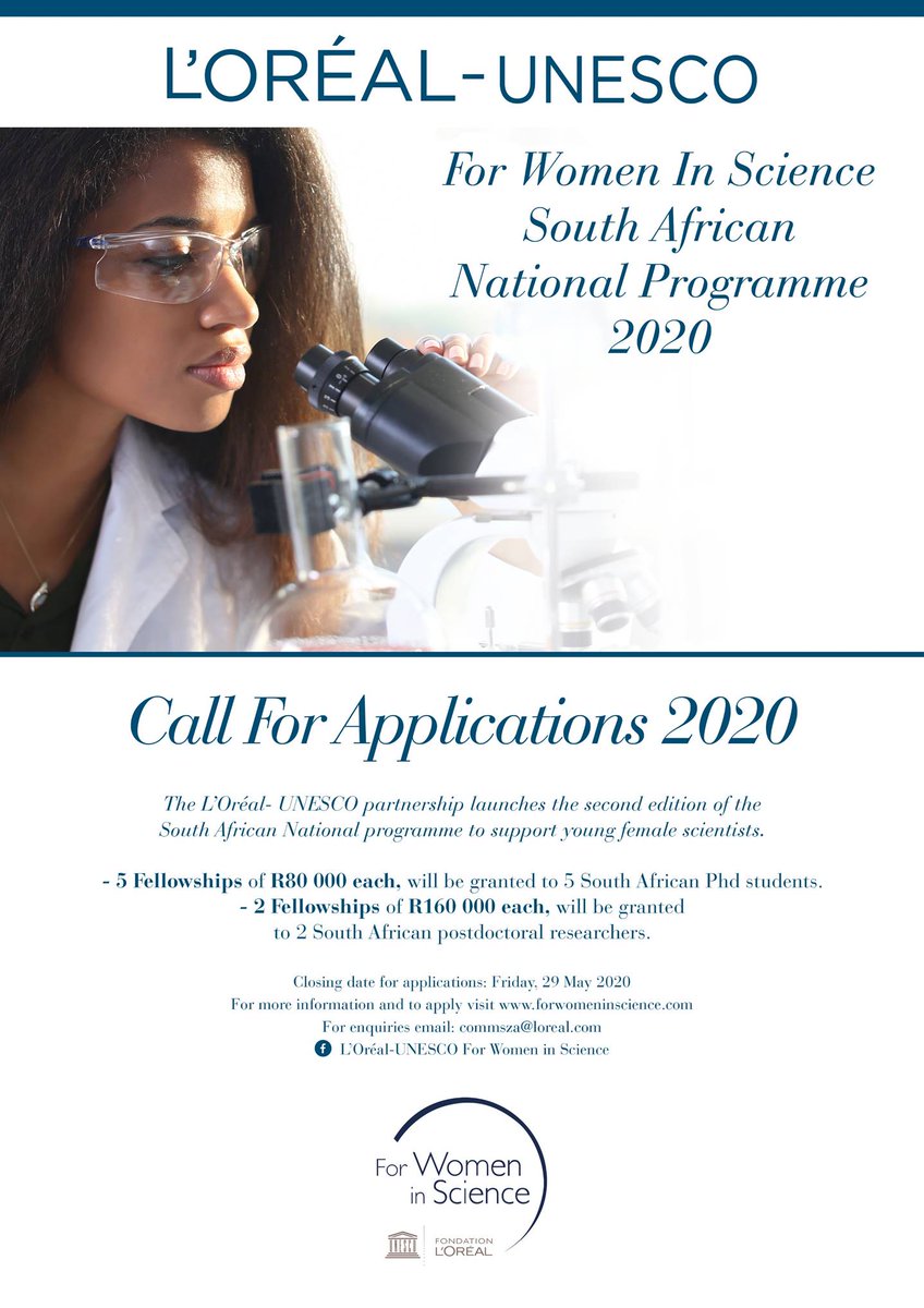 ZooEntUP's tweet image. The second edition of the L'Oreal-UNESCO For Women in Science South African National programme has been launched. Applications close 29 May 2020 
forwomeninscience.com