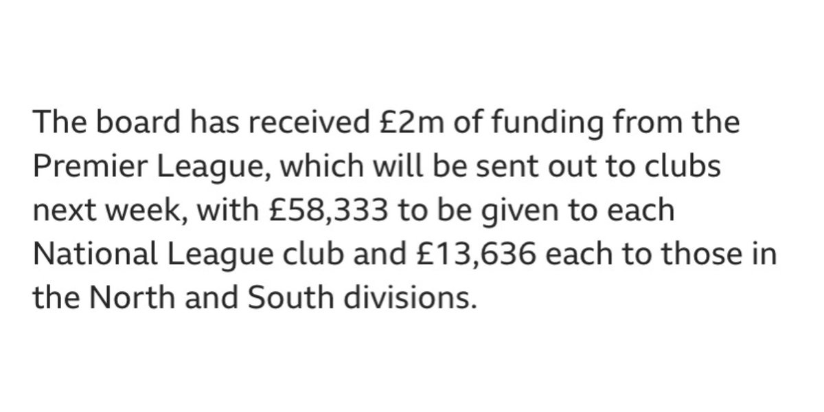 Last week the PL was widely heralded by the media for “gift” or “grant” of £125m to the EFL and NL. 

Confirmation that it’s just £2m for 68 (SIXTY-EIGHT) NL clubs, and money we would’ve received in August anyway. It’s an interest free payday loan. 

< very slow hand clap >