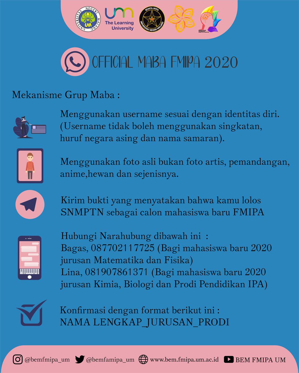 bemfamipa_um's tweet photo. [INFO MABA; Grup Resmi BEM FMIPA UM ] 
Bergabunglah dengan grup resmi BEM FMIPA UM dengan mengikuti mekanisme atau petunjuk yang ada.
Waspada dengan grup yang mengatasnamakan Mahasiswa Baru untuk menghindari informasi yang tidak dapat dipertanggungjawabkan
#INFOMABA
#RUMAHEDUKASI https://t.co/iZ9BNalb1d