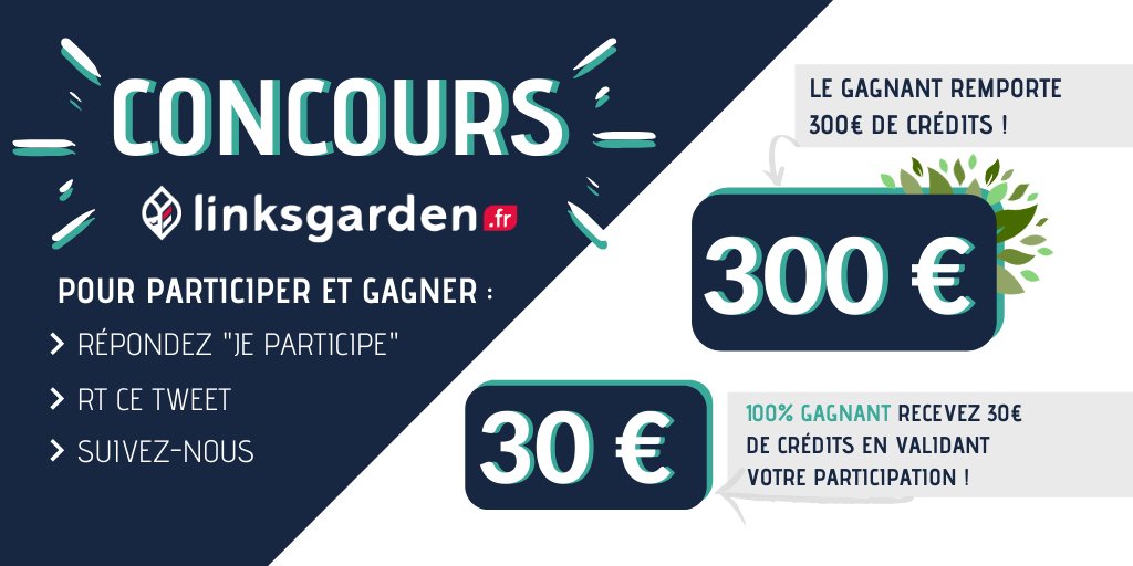 Linksgarden.fr vous a semé un joli concours
Tentez de gagner 300€ de crédits !🎁
Tous les participants remporteront 30€ de crédits !
Pour participer :

✅Répondez à ce tweet
✅RT ce tweet 
✅Suivez-nous
Fin du concours mardi 14 avril à 15h
Tirage du grand gagnant à 17h
