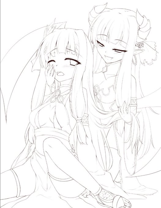前描いた女神葵ちゃんと悪魔っこ茜ちゃんの絡みイラスト線画できた 