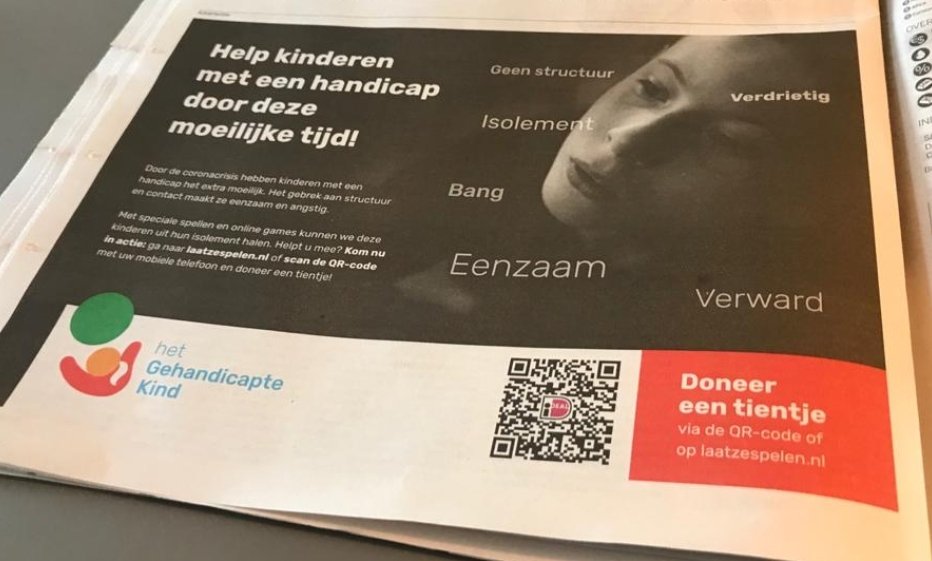 Noodactie <a href="/gehandicaptkind/">Stichting het Gehandicapte Kind</a>. Help kinderen met een handicap door deze moeilijke tijd. Scan de #iDEALQR code in de advertentie met de scanner in je bank app of met de generieke scanner op je telefoon en doneer.
