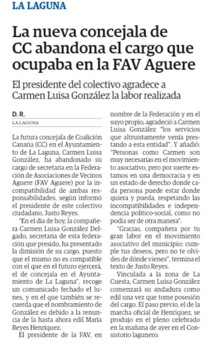 FAVAGUERE's tweet photo. #Prensa #InfoLaLaguna #asociacionesvecinales #Graciascompañera y #MuchaSuerte https://t.co/TWO10K8ntA