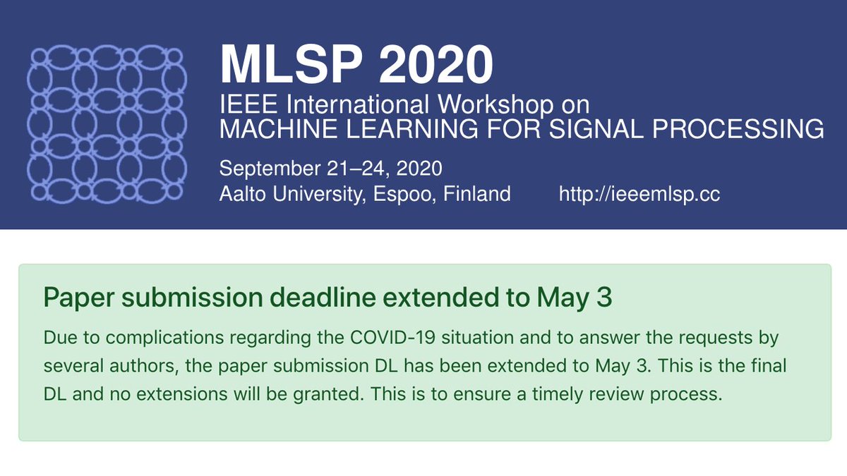 Call for papers: The 30th IEEE International Workshop on Machine Learning for Signal Processing #MLSP2020 (ieeemlsp.cc). Authors are invited to submit papers on relevant algorithms and applications: ieeemlsp.cc/call-for-paper… (submission DL May 3)