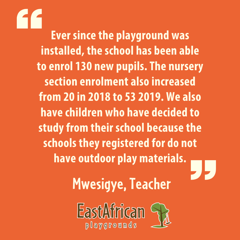 PlayActionInt's tweet photo. ENROLMENT: Mwesigye, a primary school teacher in Uganda talks about the increased enrolment seen as his school since a playground was installed there. #playgroundpower #teachers #uganda #enrolment #positiveplay #primaryschools #ple #playmaterials https://t.co/bO7pQ0xCy3