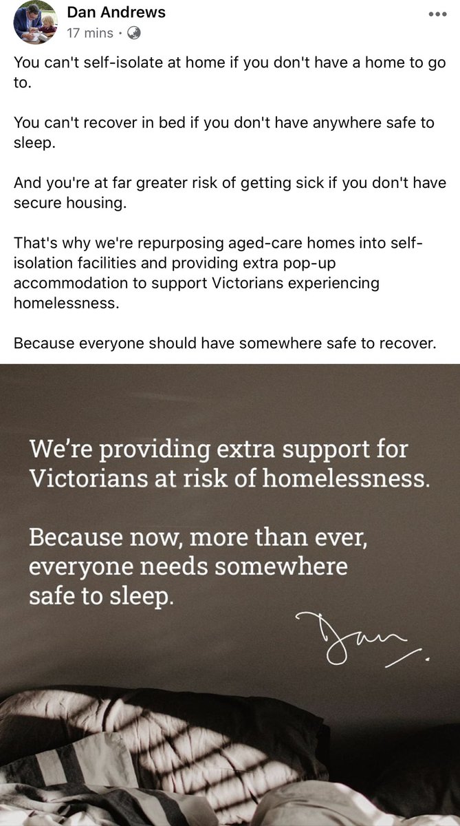 Excellent, Good work <a href="/DanielAndrewsMP/">Dan Andrews</a>. All Victorians deserve a place to rest their head at night and to self isolate from  #COVID19au.