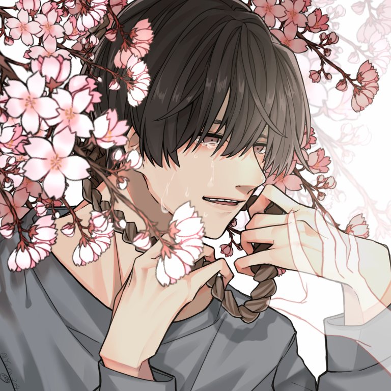 1boy male focus crying tears cherry blossoms crying with eyes open flower  illustration images