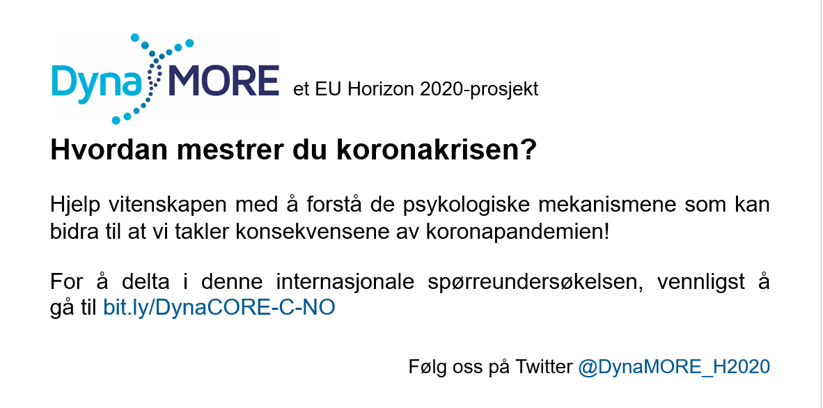 Nå med fungerende lenke! Har du 15 minutter til overs til å fylle inn denne (bit.ly/DynaCORE-C-NO) anonyme spørreundersøkelsen om stressresponser til koronakrisen? #norge #korona #stress #koronaNorge