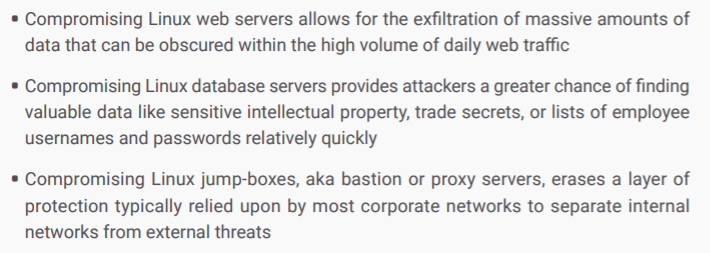 Screenshot of a section from a Blackberry report on APTs asserting that compromising Linux systems in various roles gives attackers useful capabilities