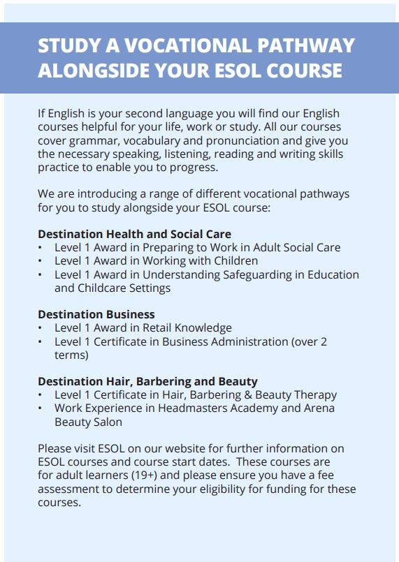 We are introducing a range of exciting vocational pathways to study alongside your ESOL course: Health &amp; Social Care, Childcare, Business, Hair, Barbering &amp; Beauty. Courses are for adults (19+). For further info on ESOL courses &amp; start dates visit kingston-college.ac.uk/subject/esol-e… #esol