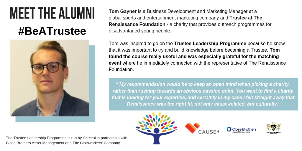 TrusteeLeaders's tweet photo. After completing our #TrusteeLeadershipProgramme Tom Gayner found the right trusteeship for him through our matching event.
If you are looking to be a charity Trustee, then keep an eye out for our future programmes:
https://t.co/QkLKA46mV9
#BeOnABoard #BeATrustee #trustees https://t.co/MtNYJ0ZgxF