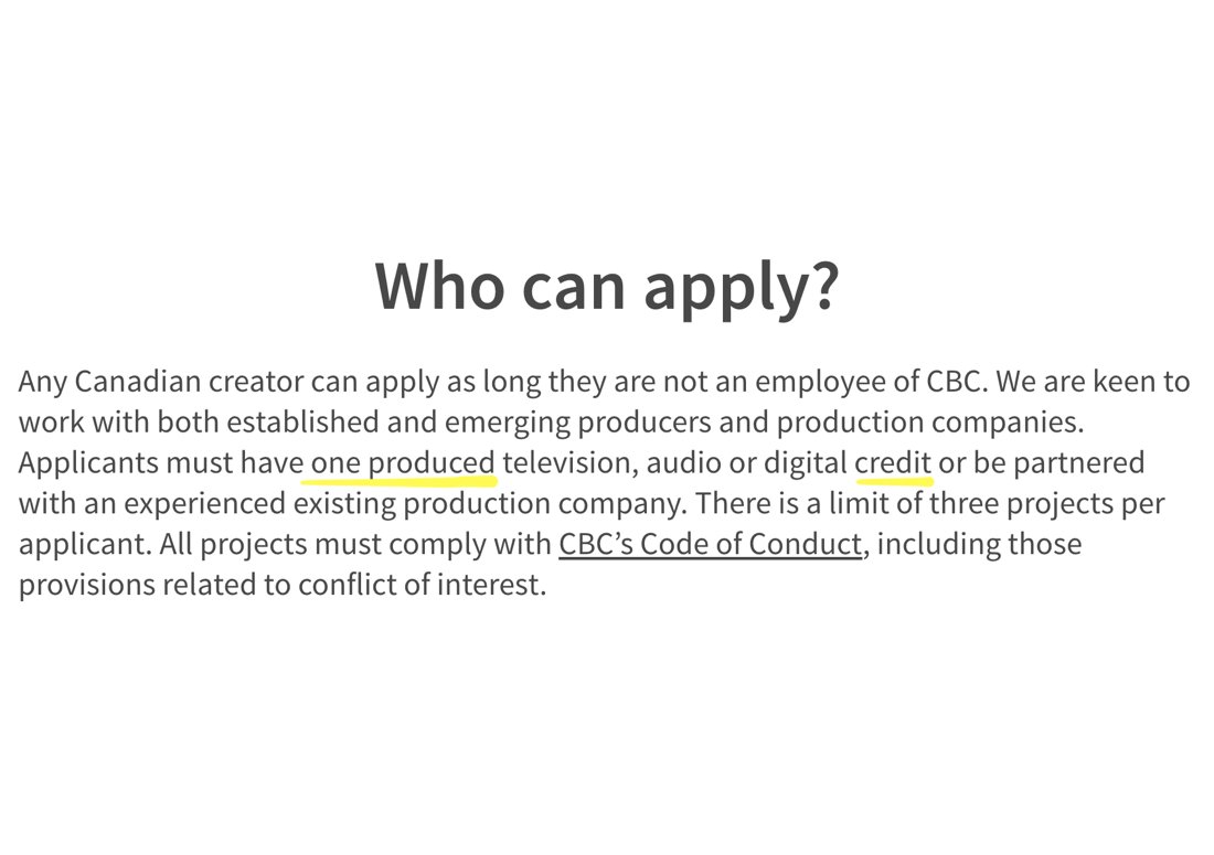 The relief fund disqualifies truly emerging creators, unless they partner with an established company (how many students, youth, marginalized, geographically-isolated etc. Canadians have access to those relationships?)