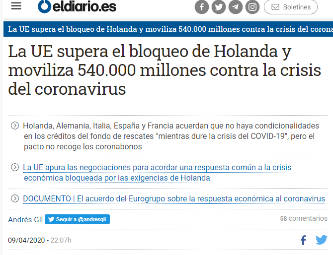 L'aportació q ha aprovat la UE aquesta nit passada no ens l'envia sense més, és un préstec que ara no té condicions, però que en tindrà quan passi l'emergència del #Covid_19 

A diferència de la crisi del 2008 en aquesta a més de la banca rescatarem també l'#ibex35.