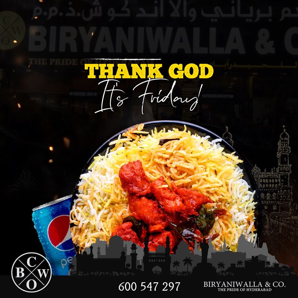 biryaniwallaco's tweet photo. Let's brighten up your Friday with some Zafrani Chicken Biryani and drinks tonight !

#Biryaniwallaco #HyderabadiBiryani #Prideofhyderabad #AuthenticTaste #AlNahda #dubailife🇦🇪 #itsfriday #zafranibiryani https://t.co/ZwYSbyoNOq