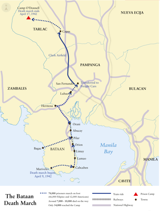 indiohistorian's tweet photo. #TodayinHistory in 1942, after the #FallofBataan, surrendered Filipino & American troops were forced to walk from Mariveles to San Fernando, & Capas Train Station to Camp O'Donnell (a total of 112 kms.). It would be known in history as the #BataanDeathMarch. #WWII https://t.co/g2KU8p8EOi