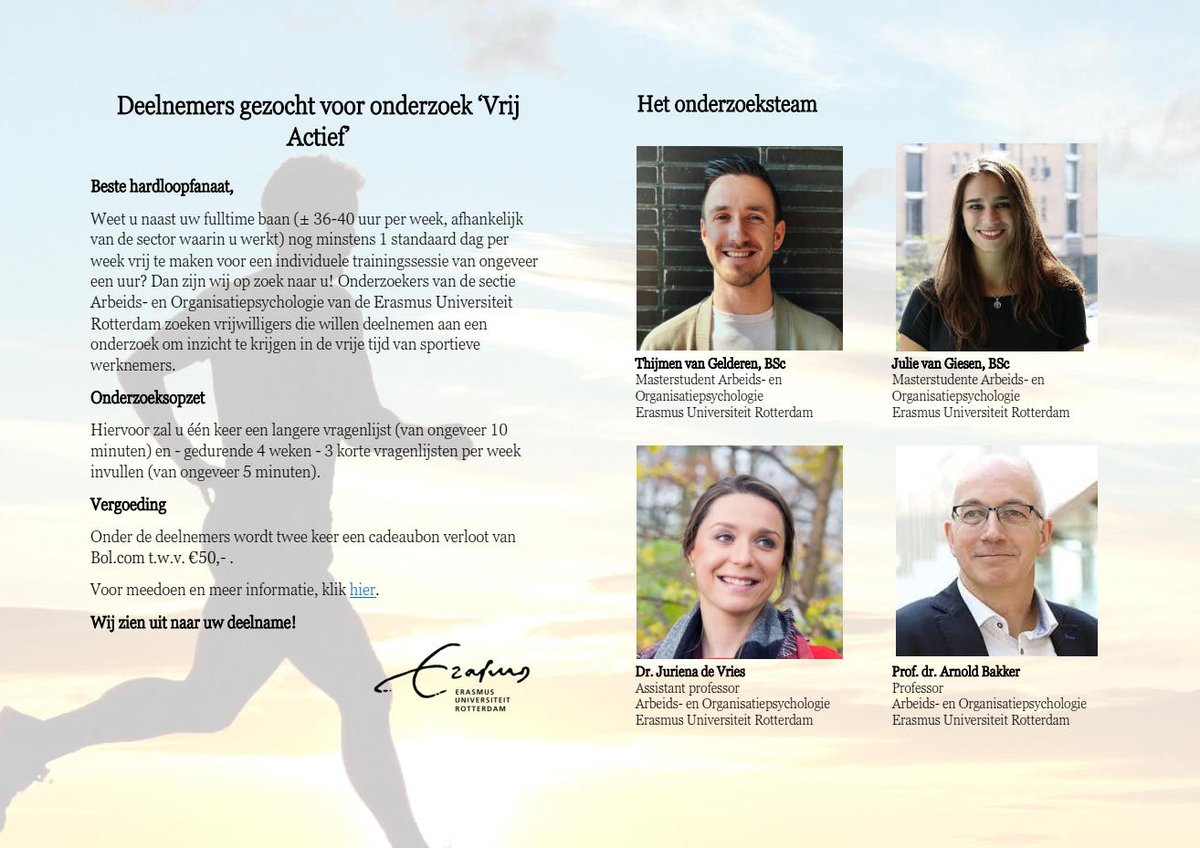 Mijn masterstudenten @GiesenJulie &amp; Thijmen van Gelderen zijn voor hun Masteronderzoek naarstig op zoek naar werknemers die full-time (thuis-)werken en minstens 1 standaardavond per week alleen gaan hardlopen. Help je mee? Voor meer info en opgeven: tinyurl.com/yxy4ap8d