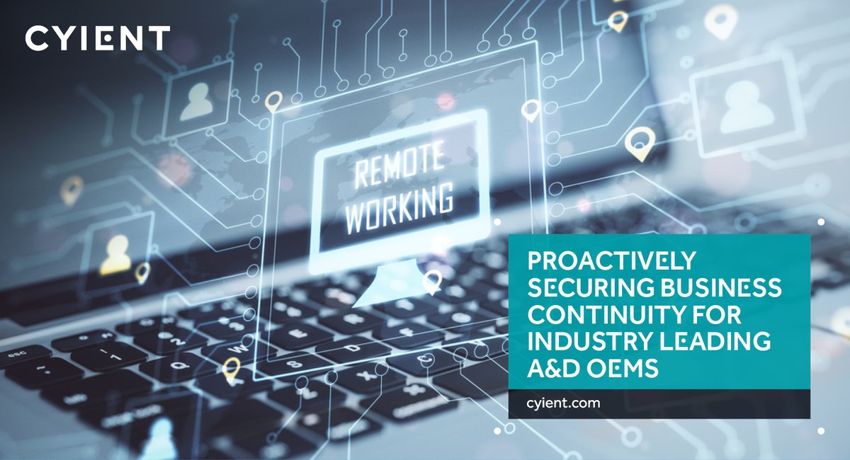 Cyient's tweet image. Cyient commended for maintaining critical business operations by a leading #aerospaceanddefense OEM. Business continuity planning enabled associates to #WFH with complete transparency to avoid disruption during India #covid19 lockdown. #engineeringservices #digitaltransformation