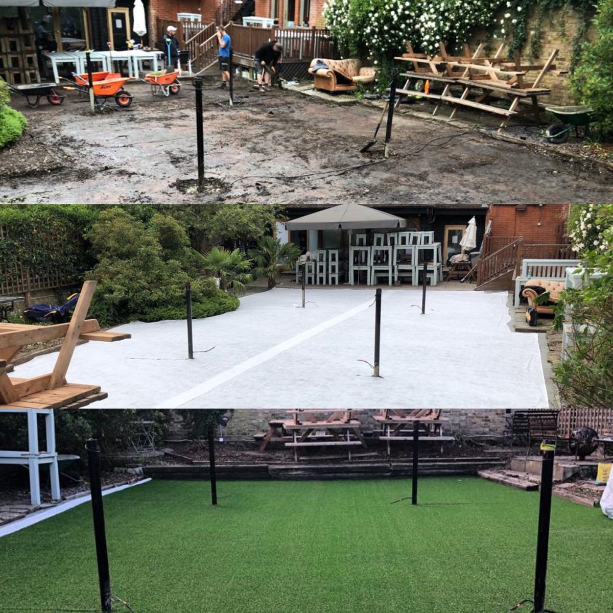 GrassboxUK's tweet photo. An absolutely fantastic; BEFORE, DURING AND AFTER! 🤩 This installation was carried out on a lovely country pub on the outskirts of London. We used a multi tone, 25mm Artificial Grass for this installation as it was going to be used as a popular (heavy foot traffic) beer garden https://t.co/BcUyGa86Iq