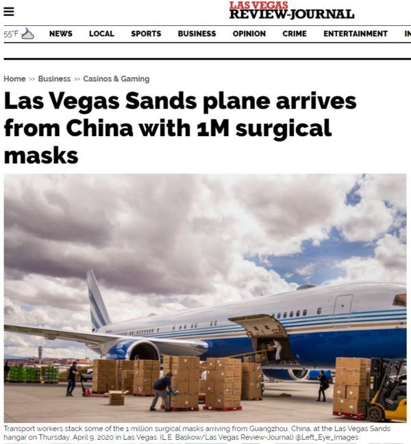 【新型コロナウィルス】ラスベガス・サンズ社の飛行機が、ラスベガス・マッカラン国際空港に、中国から100万枚の医療用マスクとともに到着した！ ozinvegas.com/millionmasks/