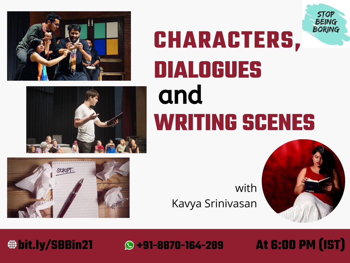 Powerful dialogues establish convincing characters. And carefully crafted scenes weave them together in an intricate design to soothe the beholder. Join us tonight on Zoom as  @kavyas_09 guides us through the art of scriptwriting and character development.