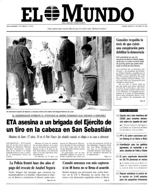 ConsuorF's tweet photo. #Taldiacomohoy #ETA asesinó en 1995 #SS a Mariano De Juan, era militar. #HBETA para variar no lo condenó, hoy sus herederos siguen sin hacerlo y como pago para dejarnos de matar los devolvieron a las instituciones.
Dejó 2 niños huérfanos.
Compartimos asesinos 😓
Recuérdale 👃🏽! https://t.co/lN0xa26qWP