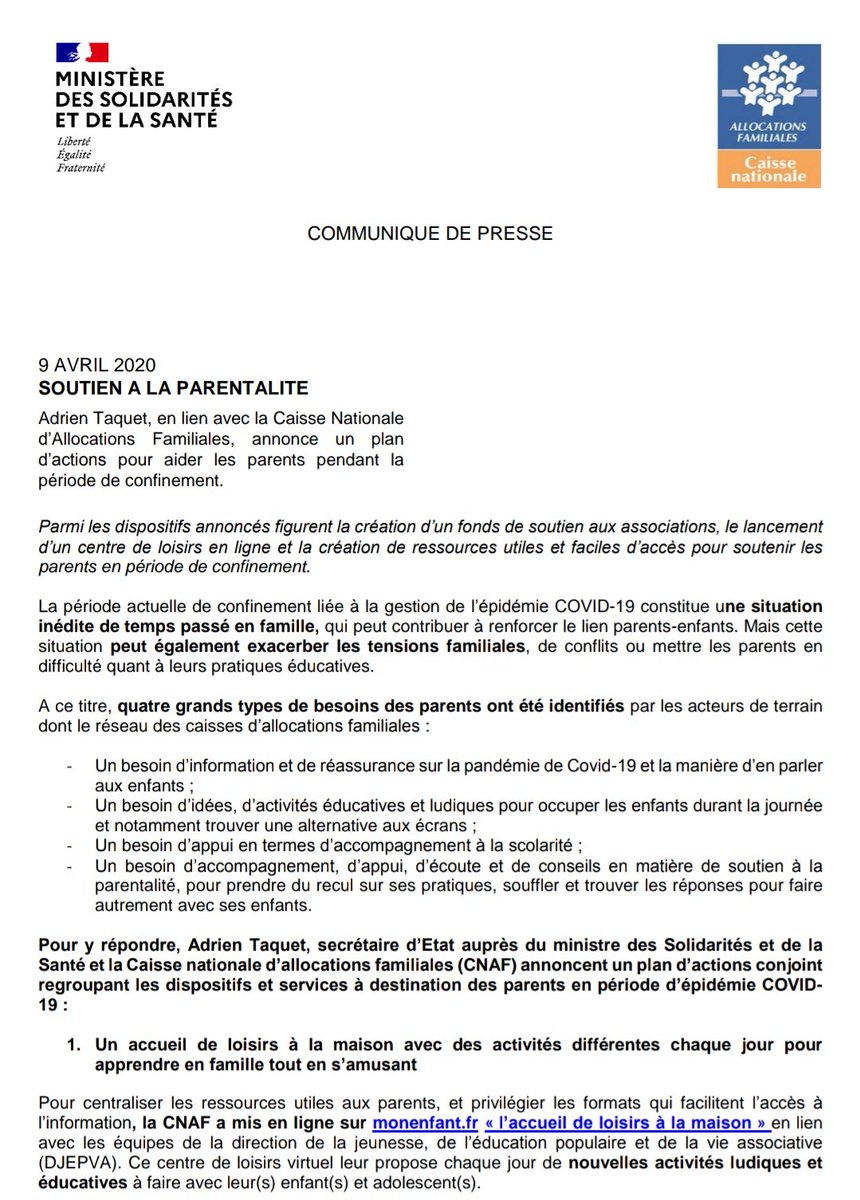 AdrienTaquet's tweet image. Protéger les enfants, souvent, cela passe par mieux accompagner les parents.

Avec la @cnaf_actus, nous lançons un plan d'actions pour aider les parents en période de #COVIDー19:

✅ Centre de loisirs virtuel
✅ Fonds de soutien aux assos
✅ Proactivité des CAF
✅ Lignes d'écoute