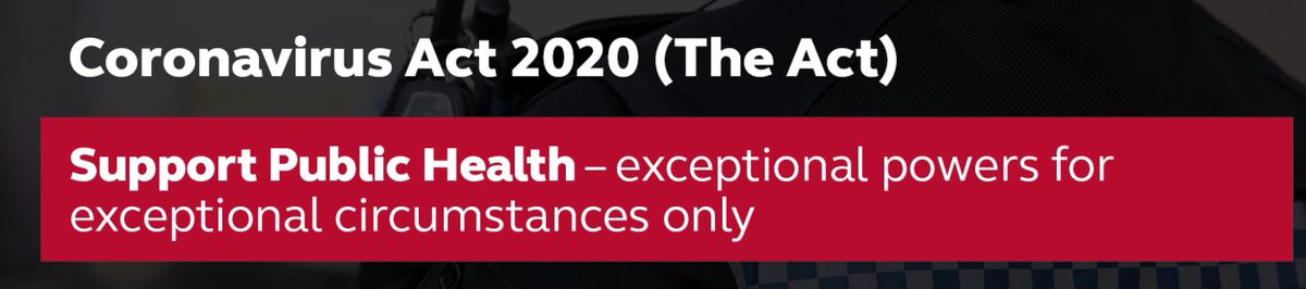 More helpful guidance from  @PoliceChiefs and  @CollegeofPolice on Coronavirus Act. Helpful big red boxes running across pages emphasising these (1) are public health powers, (2) are exceptional. No doubt focussed on avoiding another wrongful conviction /96  https://www.college.police.uk/What-we-do/Support/Health-safety/Documents/Coronavirus-Act-2020-030420-public.pdf