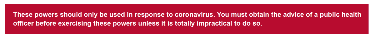 More helpful guidance from  @PoliceChiefs and  @CollegeofPolice on Coronavirus Act. Helpful big red boxes running across pages emphasising these (1) are public health powers, (2) are exceptional. No doubt focussed on avoiding another wrongful conviction /96  https://www.college.police.uk/What-we-do/Support/Health-safety/Documents/Coronavirus-Act-2020-030420-public.pdf