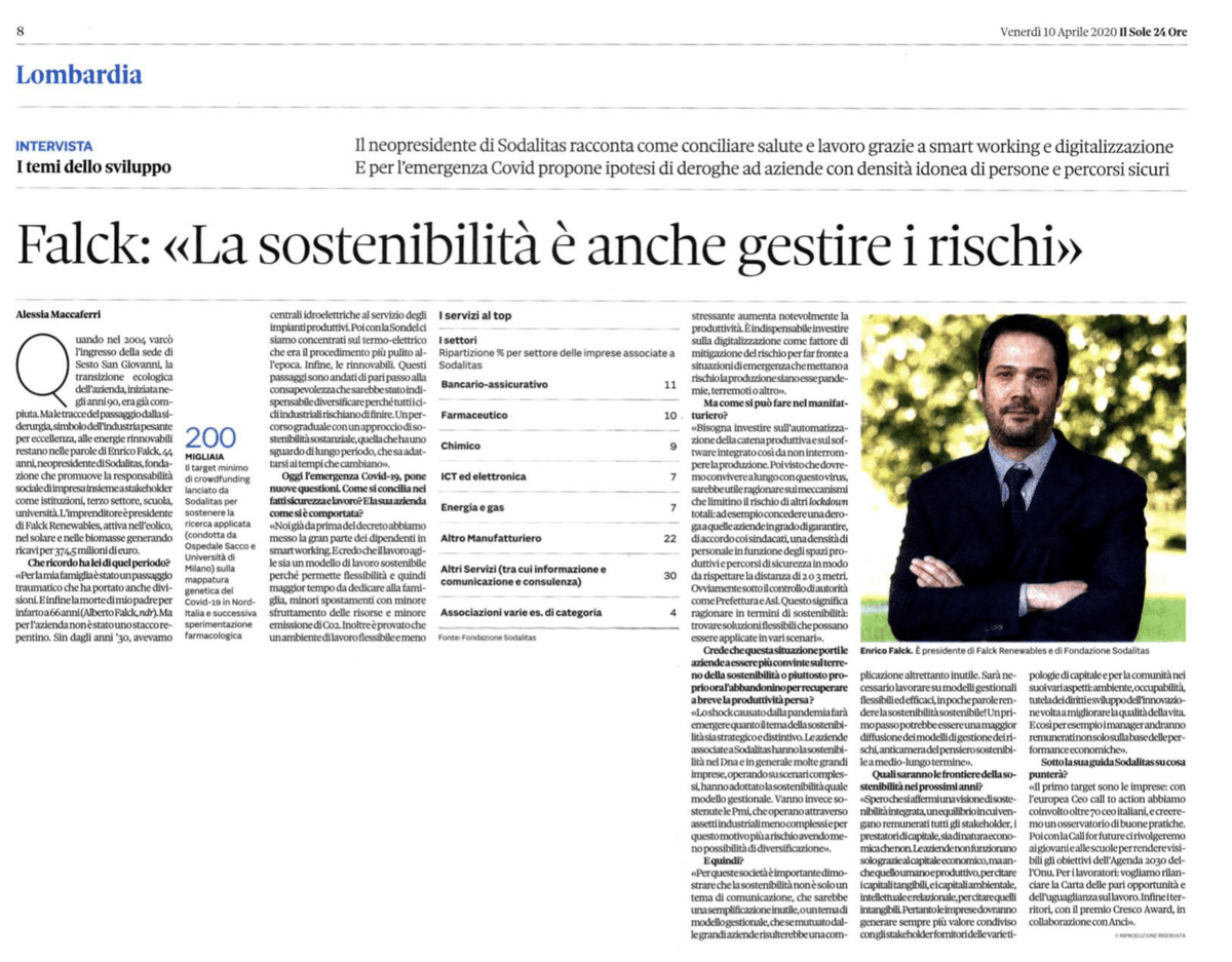 FondSodalitas's tweet photo. Le frontiere della #sostenibilità nei prossimi anni, l’impegno della Fondazione e l’emergenza #Covid19. 
Su @sole24ore Lombardia l’intervista al Presidente di #FondazioneSodalitas Enrico Falck. 
@falckrenewables 

Leggi l’articolo: https://t.co/JLOGXiSAgY