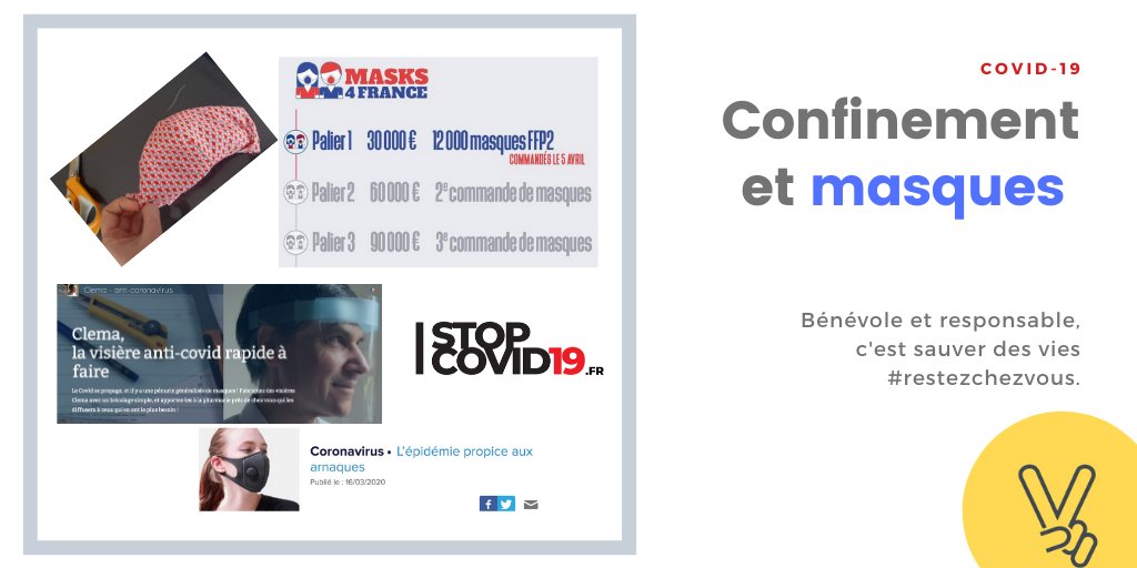 EasyVolunteer's tweet photo. [ #COVID19fr et #masques ] 😷
 Les 4 conseils d'#EasyV ~ citoyens &amp; responsables 🤝

- Faire un don https://t.co/WfOgZdGP6k 💛
- Bricoler et partager https://t.co/7FJD8FeGsF 😊
- S'informer sur https://t.co/QarQpdgYU0 🧐
- Attention aux arnaques ⚠️

#solidarite #RestezChezVous https://t.co/j46l30V1KL