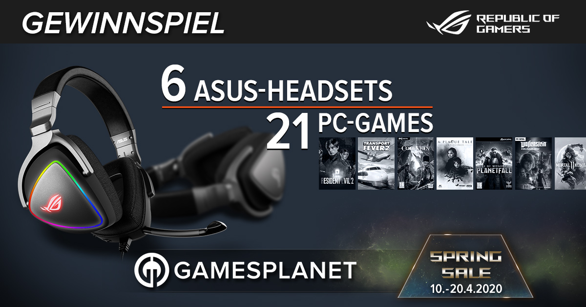 Das Gewinnspiel zum Spring Sale 2020 bei <a href="/gamesplanet_com/">Gamesplanet Deutschland</a> – in Partnerschaft mit <a href="/asusrogde/">ASUS ROG DACH</a>. Gewinne eins von 6 Gaming-Headsets von ASUS ROG oder eins von 21 PC-Games von Gamesplanet.

🏆 Hier teilnehmen: bit.ly/3cbDnC3
