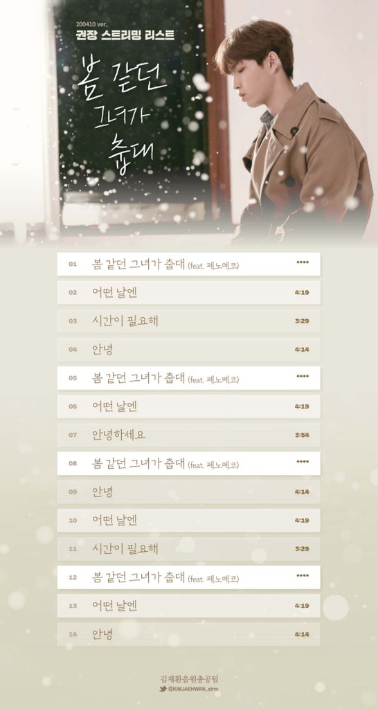 KIMJAEHWAN_strm's tweet photo. 🎵봄 같던 그녀가 춥대🎵 권장 스밍리스트

이 스밍리스트는 모든 음원 사이트에 적용해주세요.

"Springlike Her Says She's Cold" is out. Please use this list for streaming for all music sites.

#김재환 #kimjaehwan #XbyX #봄같던그녀가춥대 https://t.co/te0YAhdipd